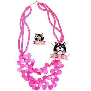 Vintage 80s Cat Necklace Set Pin Colorful Pink Black Jewelry Women Gift Wood Fun